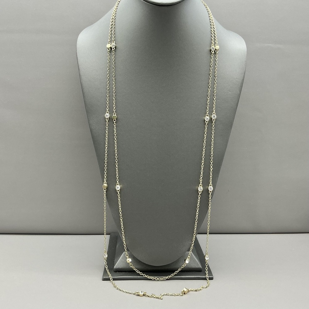 Express Necklace Gold Tone Station Chain Clear Crystal Long Layering Womens